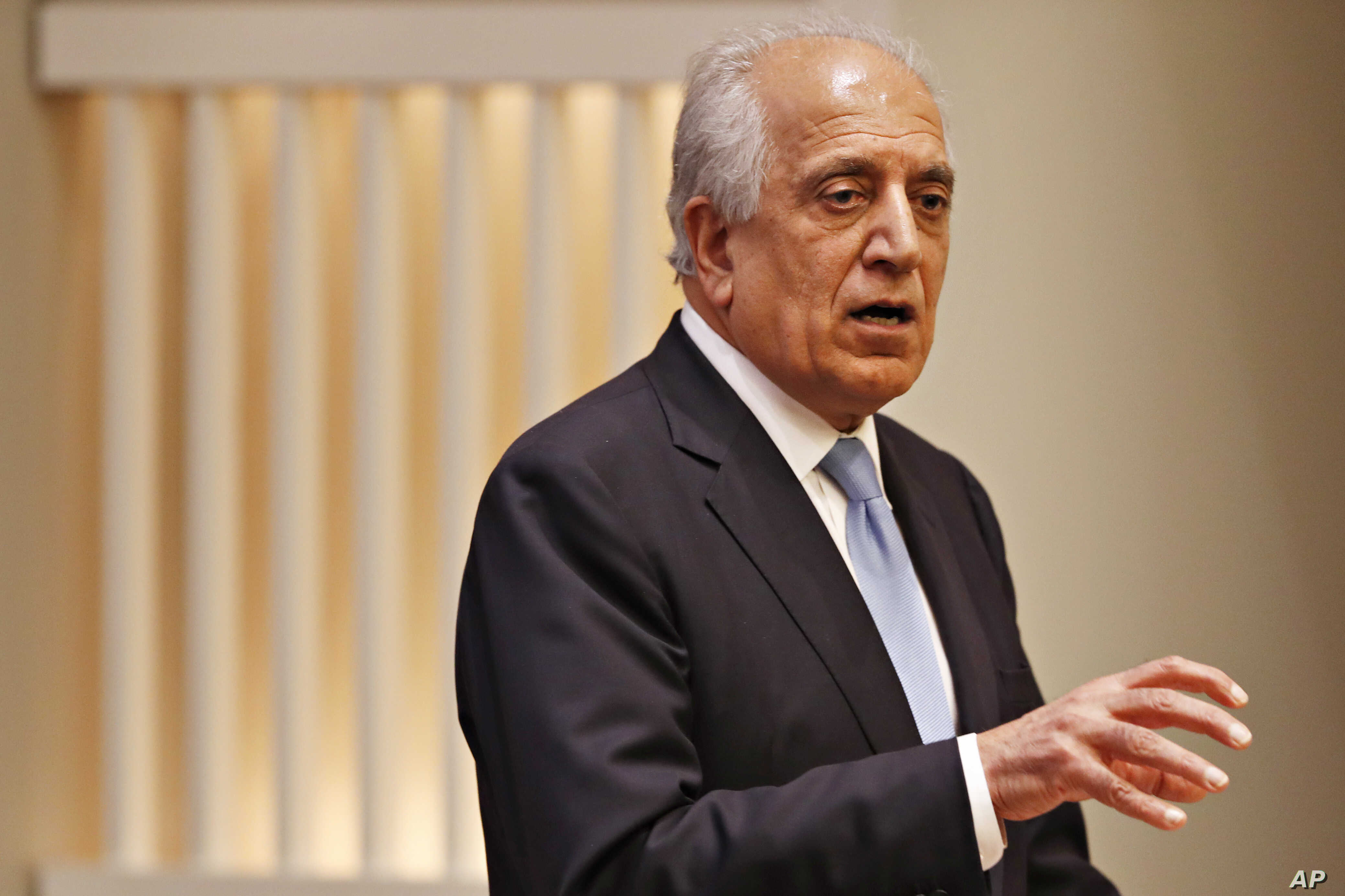 Special Representative for Afghanistan Reconciliation Zalmay Khalilzad speaks on the prospects for peace, Friday, Feb. 8, 2019, at the U.S. Institute of Peace, in Washington. (AP Photo/Jacquelyn Martin)