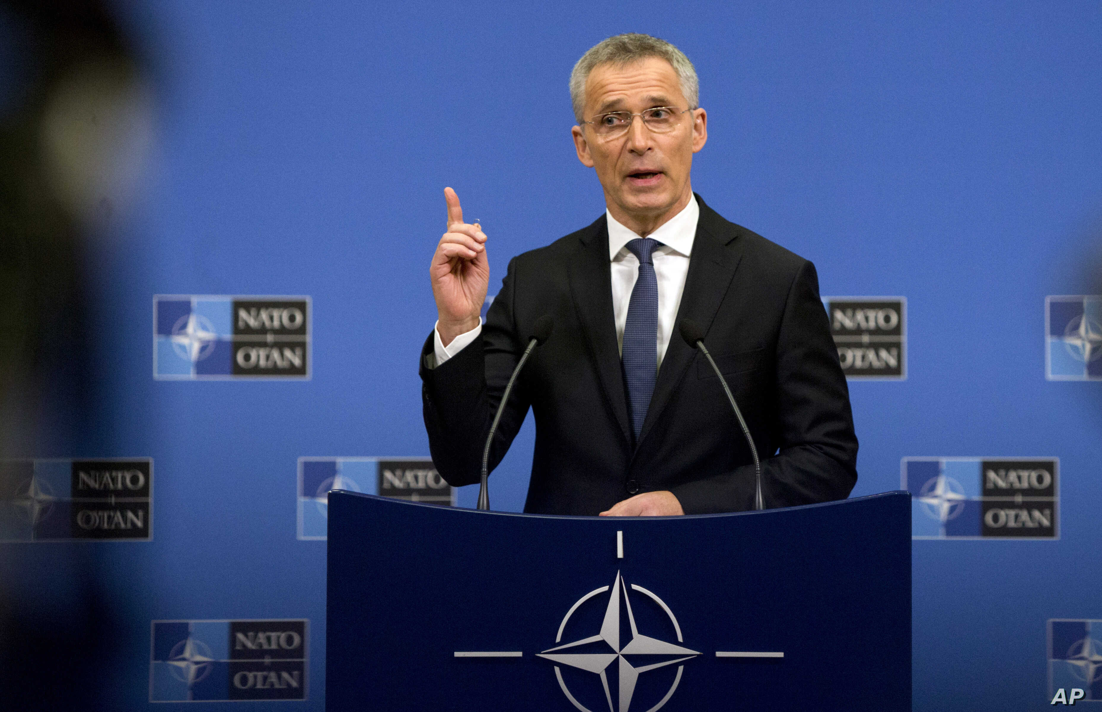NATO Secretary General Jens Stoltenberg speaks during a media conference at NATO headquarters in Brussels, Monday, April 1, 2019. NATO foreign ministers mark in Washington on Thursday the 70th anniversary of the world's biggest security alliance amid heightened tensions with Russia and years of military stalemate in Afghanistan. (AP Photo/Virginia Mayo)