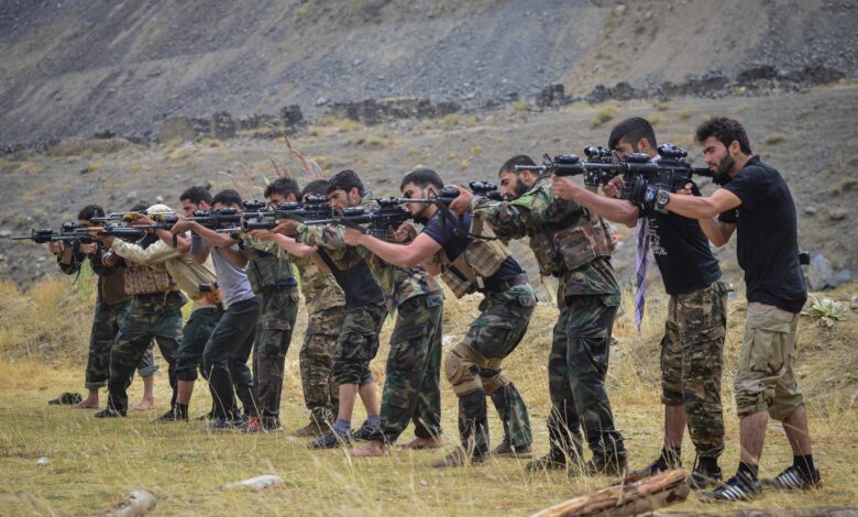 AFGHANISTAN-CONFLICT Afghan resistance movement and anti-Taliban uprising forces take part in a military training in Panjshir province on August 30, 2021. (Photo by Ahmad SAHEL ARMAN / AFP) (Photo by AHMAD SAHEL ARMAN/AFP via Getty Images)